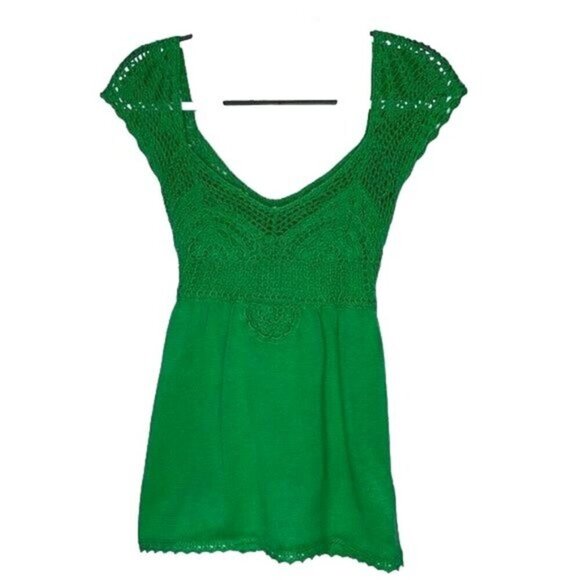 Vintage Y2K XOXO Juniors Size M Green Crochet Knit V Neck Cap Sleeve Summer Top - Picture 1 of 10